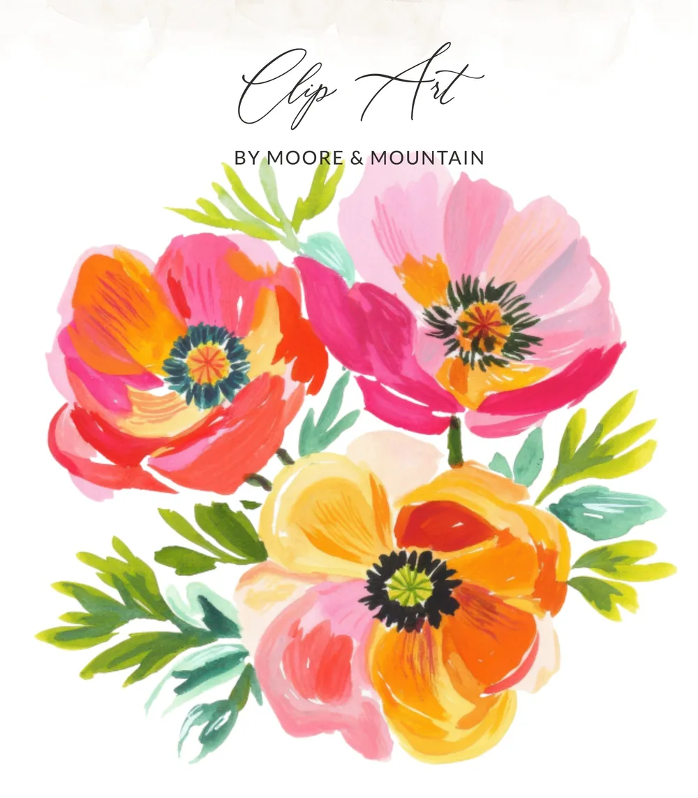 Watercolor floral clip art with poppies and foliage by Moore & Mountain.
