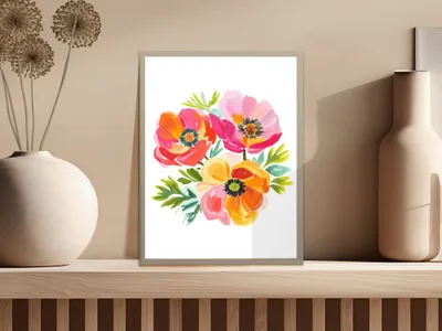 Watercolor floral arrangement with red, pink, and orange poppies.