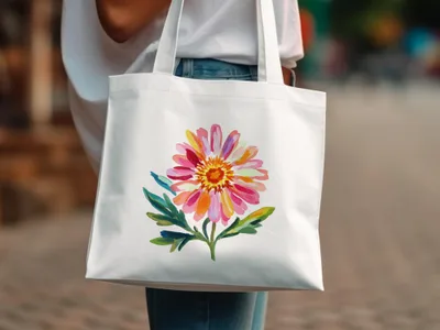 White tote bag with colorful floral illustration.