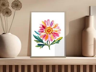 Watercolor painting of a vibrant pink and orange dahlia flower with green leaves.