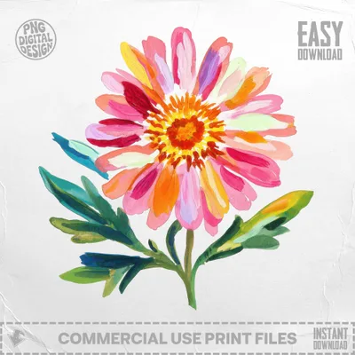Colorful daisy with green leaves, "PNG DIGITAL DESIGN" and "EASY DOWNLOAD" text.