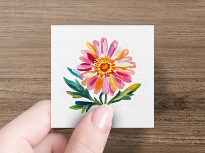 Watercolor floral sticker with pink, orange, and yellow petals on a white background.