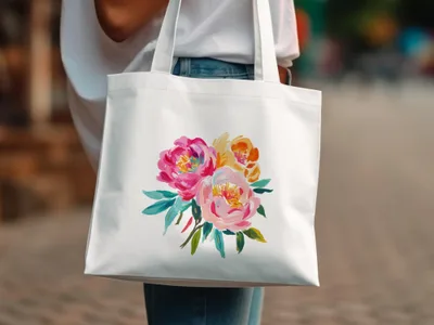 White canvas tote bag with a colorful floral bouquet design.