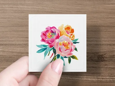 Square illustration of a floral bouquet in pink, orange, and yellow hues.