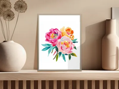 Watercolor floral painting featuring pink, yellow, and orange flowers on a white background.