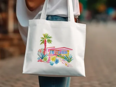 White tote bag with watercolor illustration of a pink mid-century modern house and desert plants.