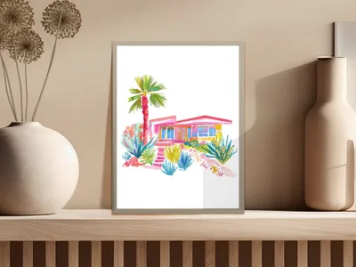 Watercolor painting of a vibrant mid-century modern house with palm trees and colorful plants.