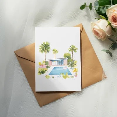 Watercolor illustration of a mid-century modern house with a pool and palm trees.