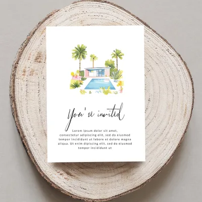 Invitation with watercolor illustration of a pool and palm trees.