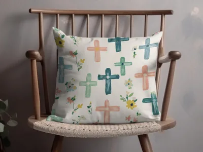 Decorative Throw Pillow with Crosses and Floral Design