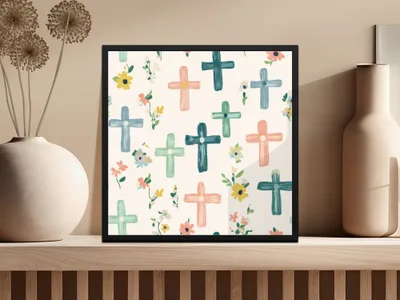 Colorful Crosses and Flowers Framed Artwork Print