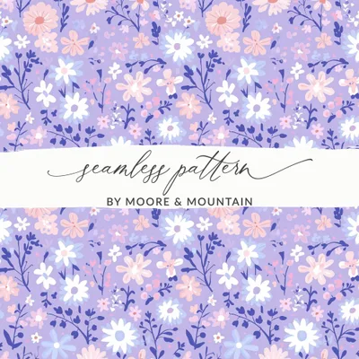 Pastel Floral Seamless Design, Lilac Lavender Digital Paper, Whimsical Pink White Peach Flowers, Modern Botanical Daisy Print, Commercial