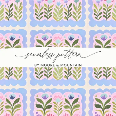 Pastel Folk Art Floral Seamless Pattern Digital, Cottagecore Whimsical Botanical Tile Repeat, Scalloped Frame Decorative Surface Design