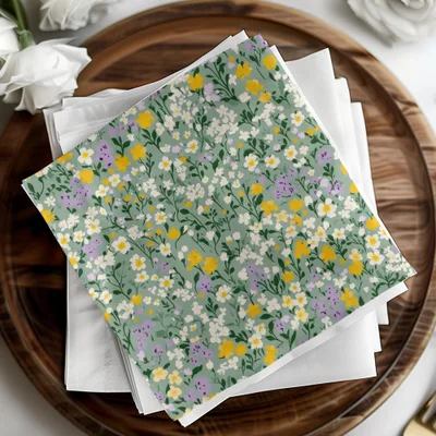 Floral Napkins with Yellow Purple and White Flowers
