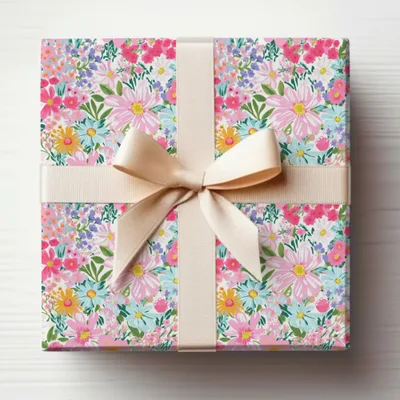 Floral Gift Wrap with Beige Ribbon Beautiful Gift Wrap