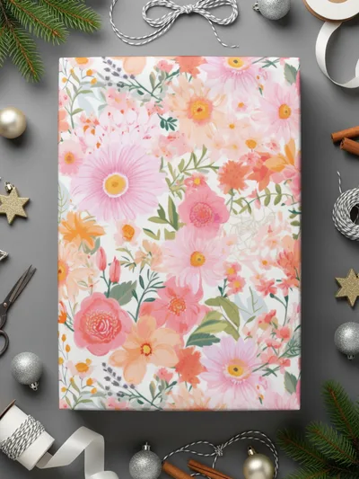 Floral Pink and Orange Botanical Gift Wrap Product