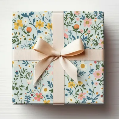 Elegant Floral Gift Wrap with Cream Ribbon Design