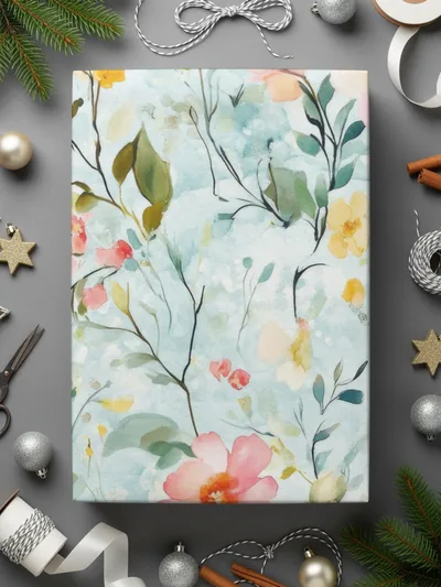 Pastel Watercolor Floral Digital Paper, Blue Spring Flower Pattern, Delicate Peach Yellow Bloom Art Print, Seamless Texture, Printable - Moore and Mountain
