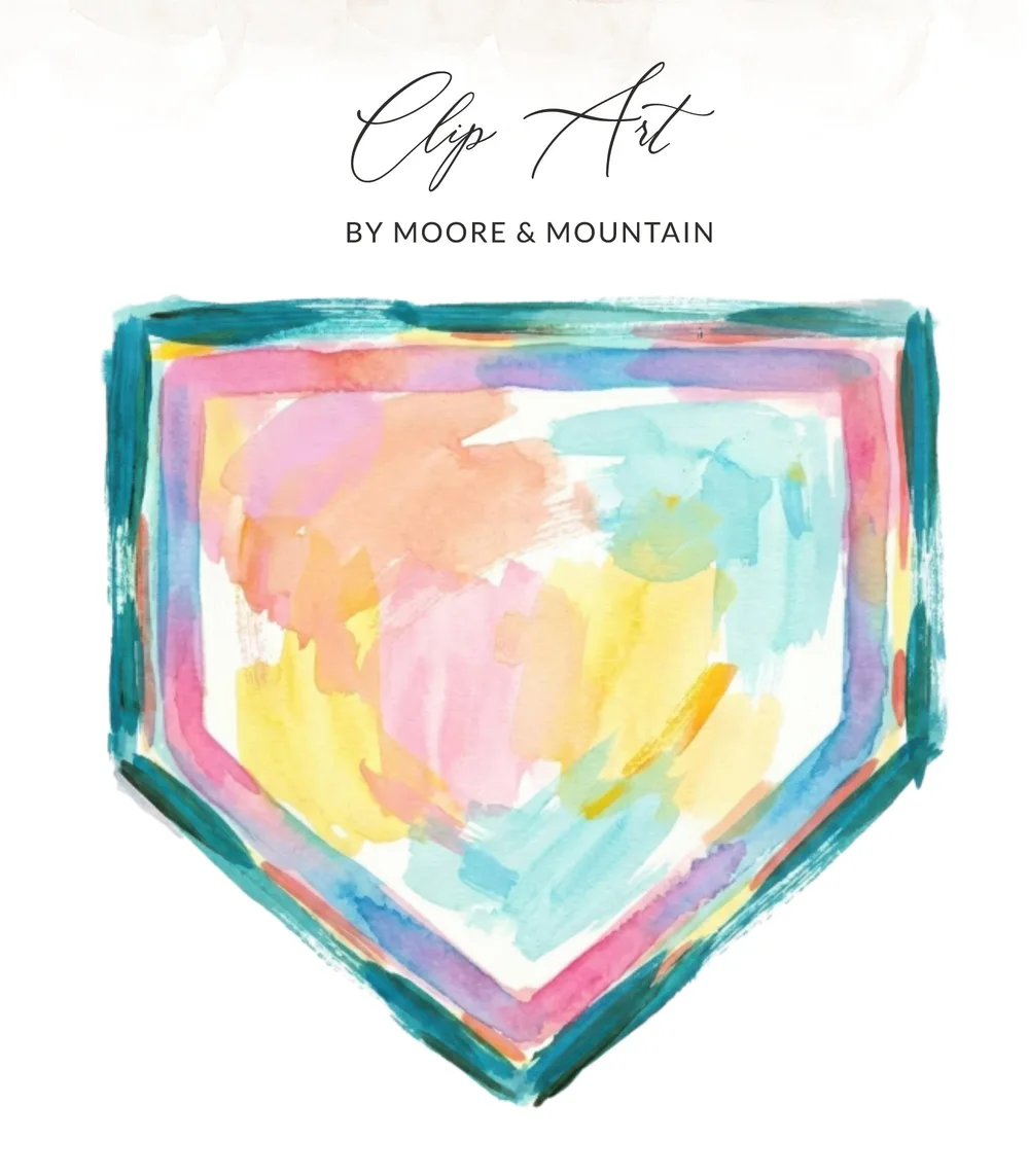 Colorful watercolor home plate clip art with text "Clip Art BY MOORE & MOUNTAIN".
