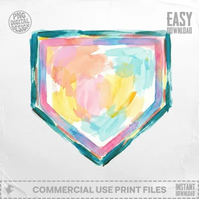 Watercolor painted shield with pink, orange, and blue brushstrokes.