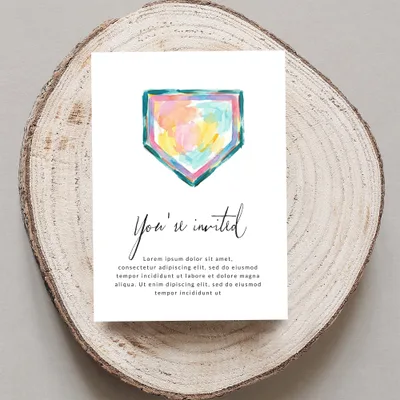 Watercolor baseball home plate invitation with "You're invited" text.