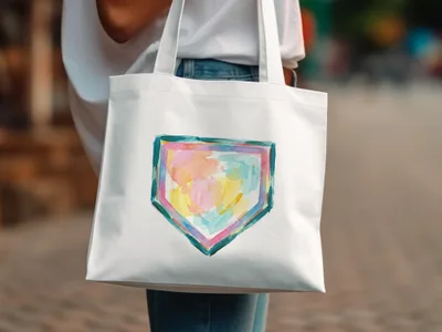 White tote bag with a colorful watercolor home plate design.