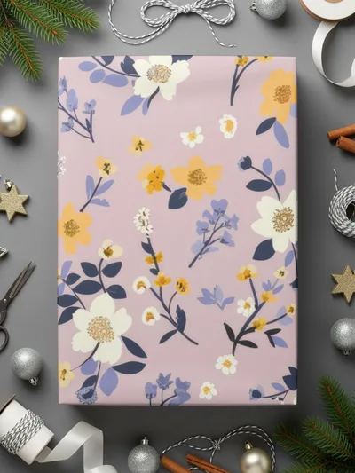 Floral Patterned Gift Wrap with Pink Background Paper