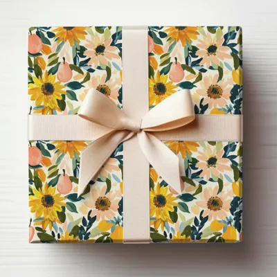 Floral and Pear Pattern Gift Wrap with Beige Ribbon