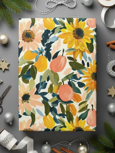 Vibrant Floral and Fruit Design Holiday Wrapping Paper