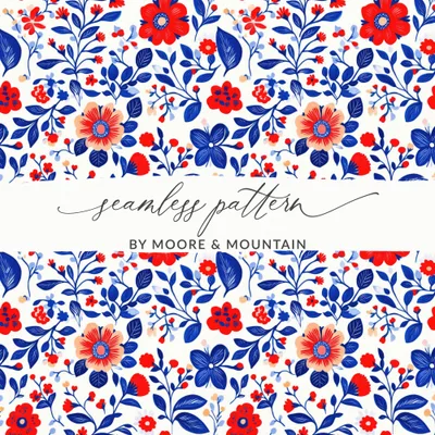 Patriotic Floral Seamless Pattern Digital Paper, USA, 4th of July, Scrapbook, Fabric Design, Red White Blue Flower Pattern, Digital Product