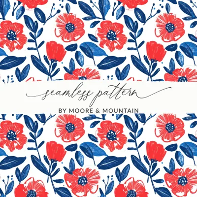 Patriotic Floral Seamless Pattern, July 4th Digital Paper, USA Flower Repeat, Fabric Design, Scrapbooking Print, Red White Blue