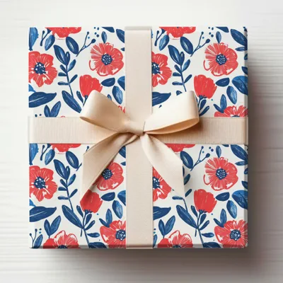 Floral Gift Wrapping with Red and Blue Flowers design