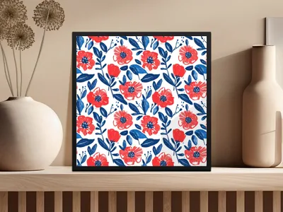Vibrant Red and Blue Floral Artwork Picture Decor Print