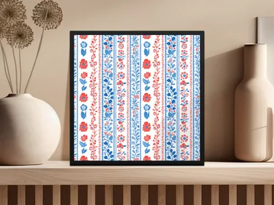 Blue and Red Floral Stripe Pattern Framed Art Print