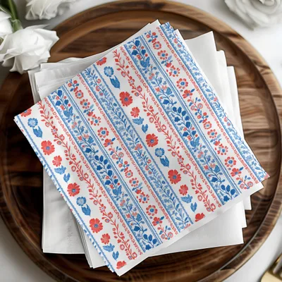 Blue and Red Floral Striped Design Napkin Pack