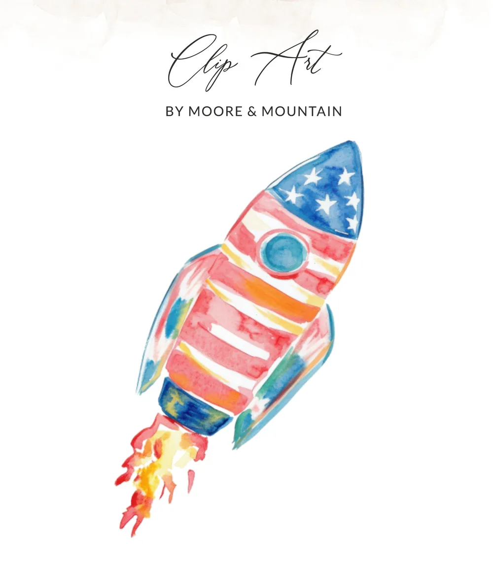 Watercolor rocket with American flag design, "Clip Art by Moore & Mountain" text.