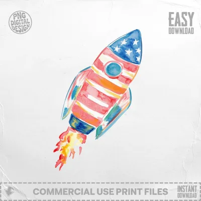 Watercolor rocket with American flag design, spewing orange flames.