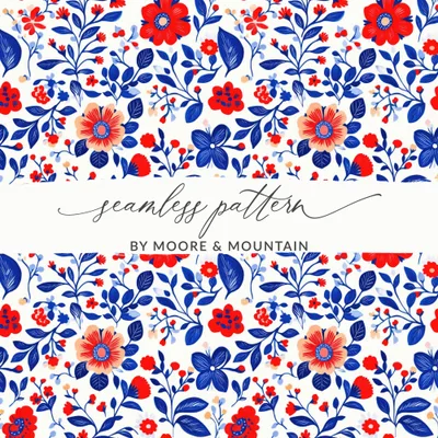 Patriotic Seamless Pattern Digital, July 4th Floral Design, Red White Blue, USA Digital Paper, Scrapbooking Fabric
