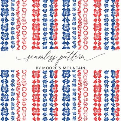 Patriotic Seamless Pattern Digital Paper, USA July 4th Floral Repeat Pattern, Red White Blue, Scrapbook Paper, Fabric Design