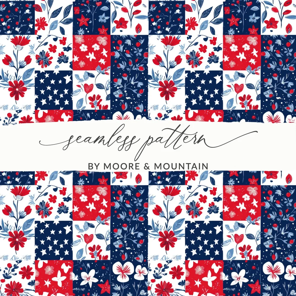 Red White Blue Floral Patchwork Stars Seamless Pattern