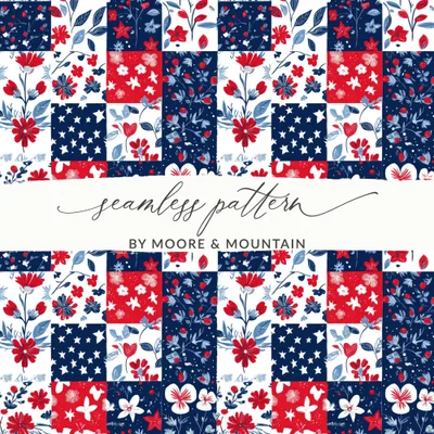 Patriotic Seamless Pattern Digital Paper USA July 4th, Red White Blue Floral, Star, Botanical Repeat Print, Fabric Design, Backgrounds