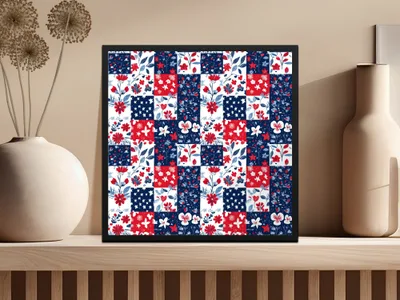 Patriotic Floral and Stars Patchwork Art Print Decor