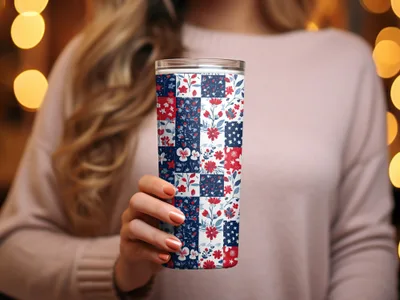 Patriotic Floral Patchwork Pattern Insulated Tumbler Cup
