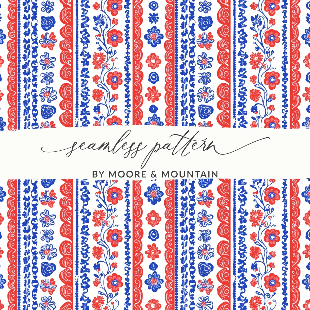 Vibrant Red and Blue Floral Seamless Pattern Design