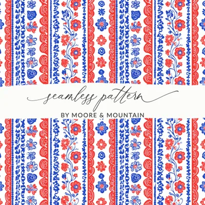 Patriotic Seamless Pattern, July 4th Digital Paper, USA Floral Repeat, Red and Blue Print, Fabric Design, Scrapbooking Paper