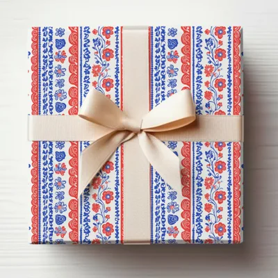 Vibrant Red and Blue Floral Striped Gift Wrap Decor