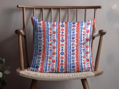 Vibrant Red and Blue Floral Striped Cushion Cover