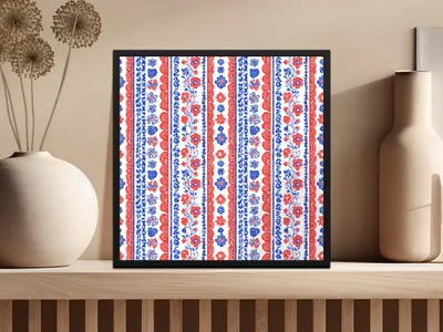 Bold Red and Blue Floral Striped Framed Art Print
