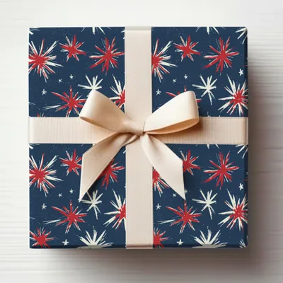 Patriotic Fireworks Design Gift Wrap with Cream Bow