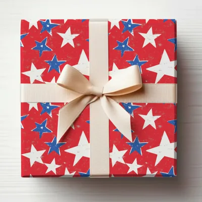 Red White and Blue Stars Gift Wrap with Ribbon